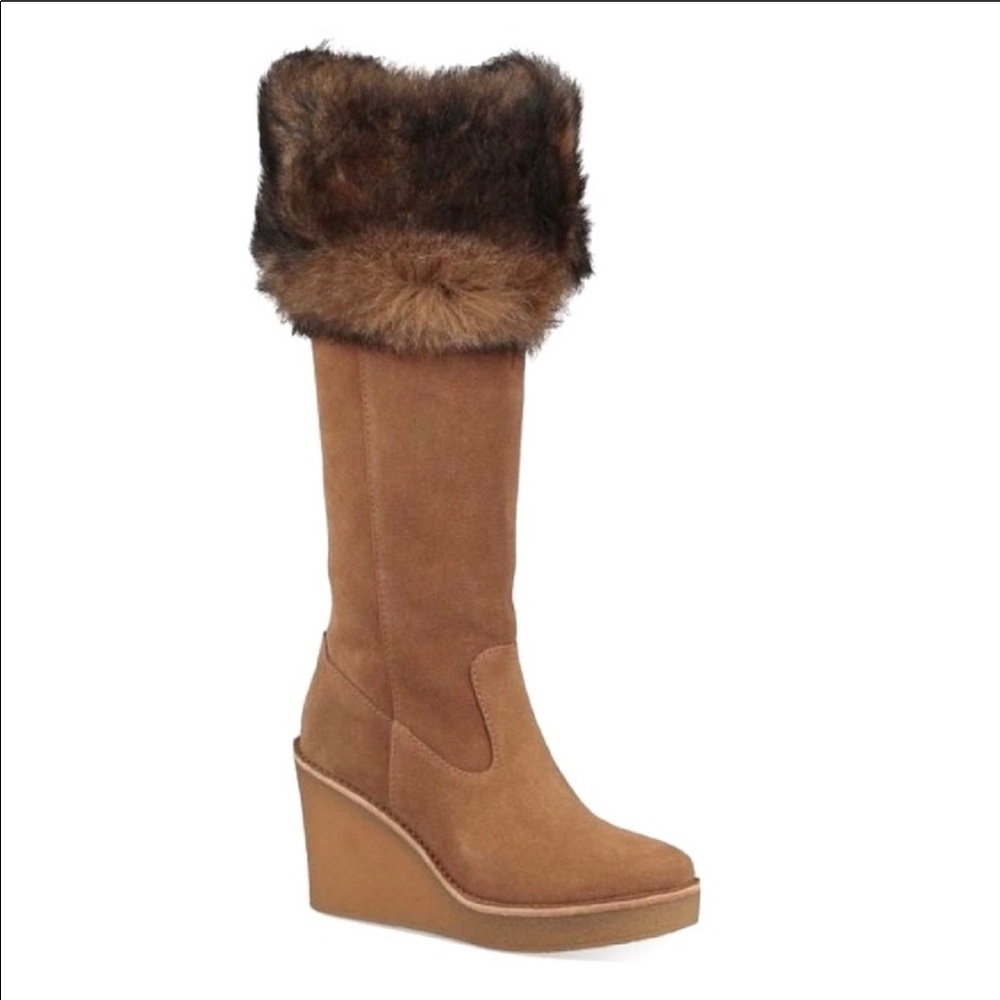 UGG Valberg Suede Real Fur Cuff Wedge Boot 6 NWT